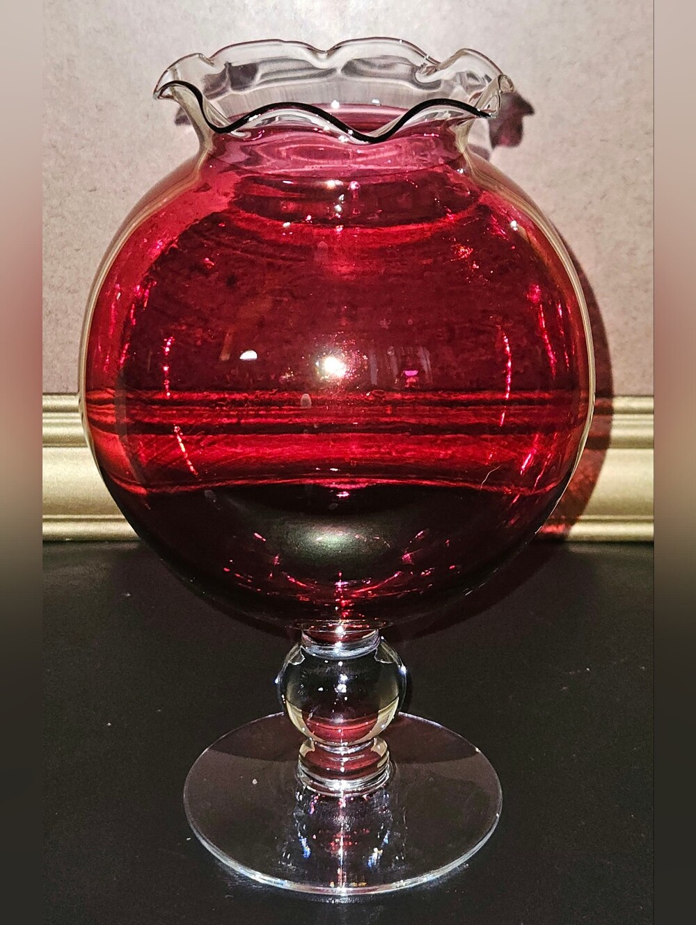 Vtg Fenton Ruffled Cranberry Glasss Ball Vase w/ Ball Stem Black Light Reactive